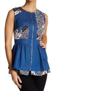 $59 NWT GRACIA FLORAL PATCH Print Denim Peplum Blouse